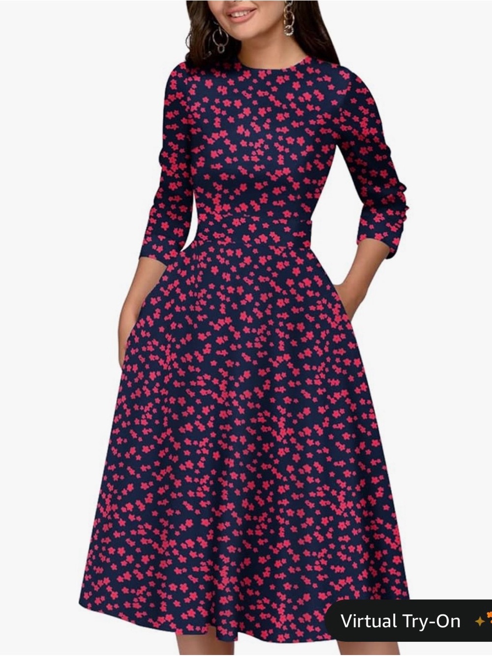 Simple Flavor Womens Floral Vintage Midi Dress 3/4 Sleeve - M - Orig. $37